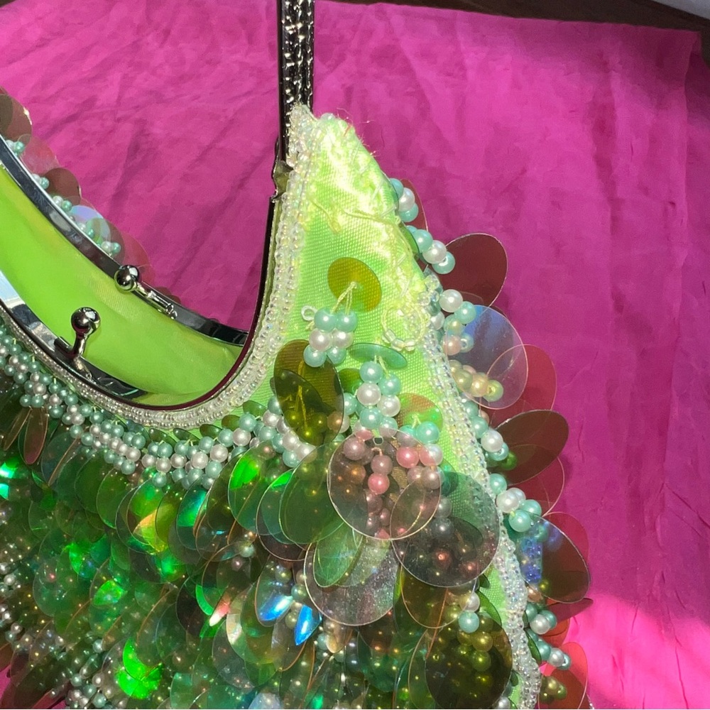 Green Beaded Vintage Y2K Shoulder Bag BRAT Style Purse - Picture 9 of 12